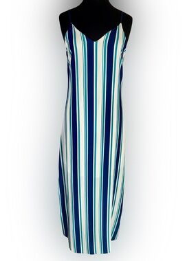 Design Lab Lord & Taylor Blue, Navy Teal & White Striped Maxi Dress with Slits